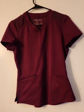 White Cross Vibe Women's Maroon Notch V-Neck Short Sleeve Scrub Top